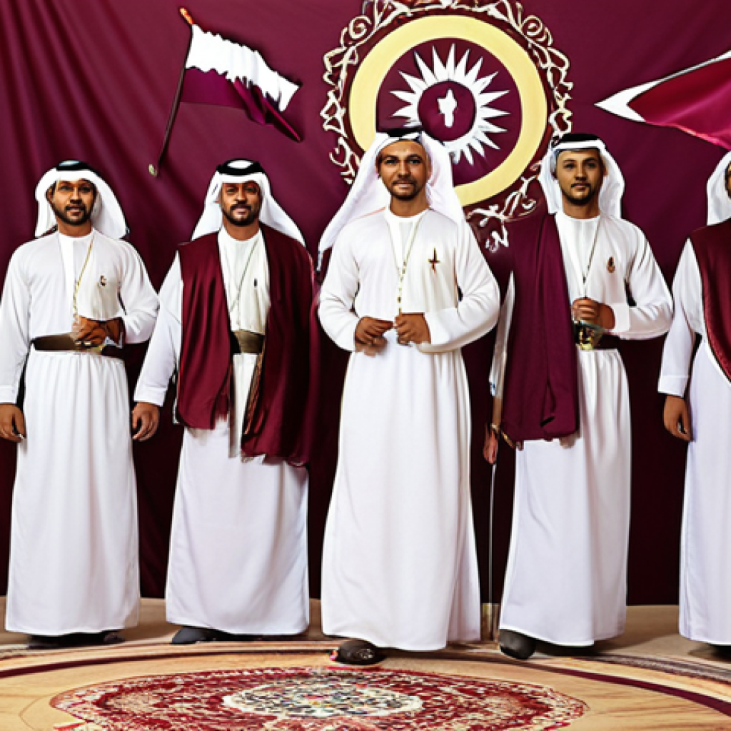 **

> A group of Qatari men performing the Arda dance during a national celebration. They are wearing traditional white Thobes and holding swords. The background showcases a festive atmosphere with Qatari flags.

**