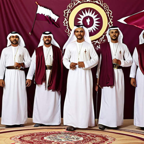 **

> A group of Qatari men performing the Arda dance during a national celebration. They are wearing traditional white Thobes and holding swords. The background showcases a festive atmosphere with Qatari flags.

**