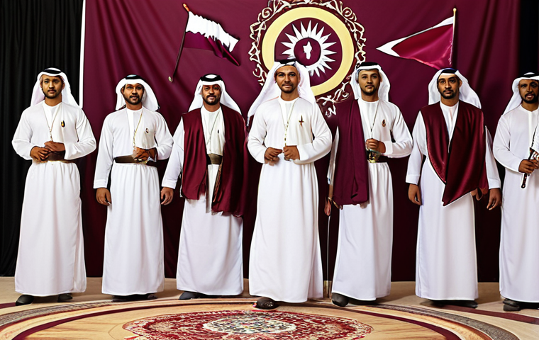 **

> A group of Qatari men performing the Arda dance during a national celebration. They are wearing traditional white Thobes and holding swords. The background showcases a festive atmosphere with Qatari flags.

**