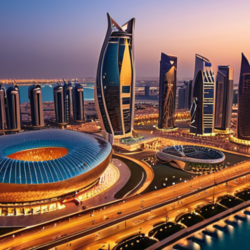 A stunning, futuristic cityscape of Doha, Qatar, at dusk, with gleaming skyscrapers and the iconic Lusail Stadium bathed in warm light. The image conveys a sense of modernity, prosperity, and global influence, reflecting Qatar's role as a major player on the world stage, with elements of advanced infrastructure and a vibrant atmosphere. Cinematic, high-detail, vibrant colors.
