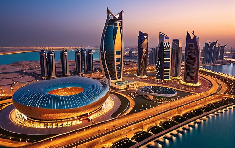 A stunning, futuristic cityscape of Doha, Qatar, at dusk, with gleaming skyscrapers and the iconic Lusail Stadium bathed in warm light. The image conveys a sense of modernity, prosperity, and global influence, reflecting Qatar's role as a major player on the world stage, with elements of advanced infrastructure and a vibrant atmosphere. Cinematic, high-detail, vibrant colors.