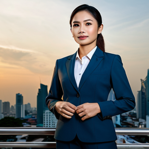 아랍어와 카타르 방언 - **

A Thai businesswoman in a tailored, modest business suit, standing confidently in front of the B...