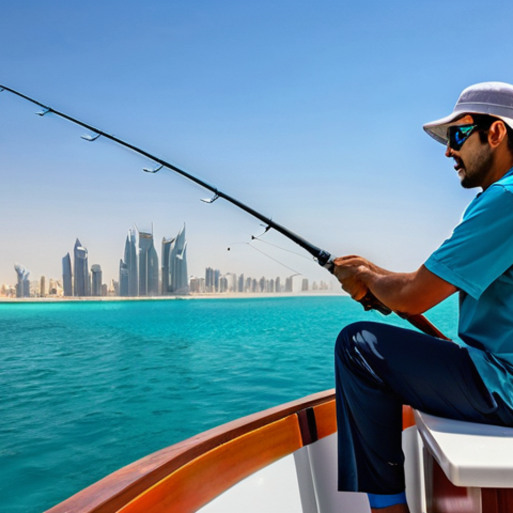 카타르 바다낚시 체험 - **Prompt 1: Offshore Fishing Adventure in Qatar**
A dynamic, high-definition image capturing a p...