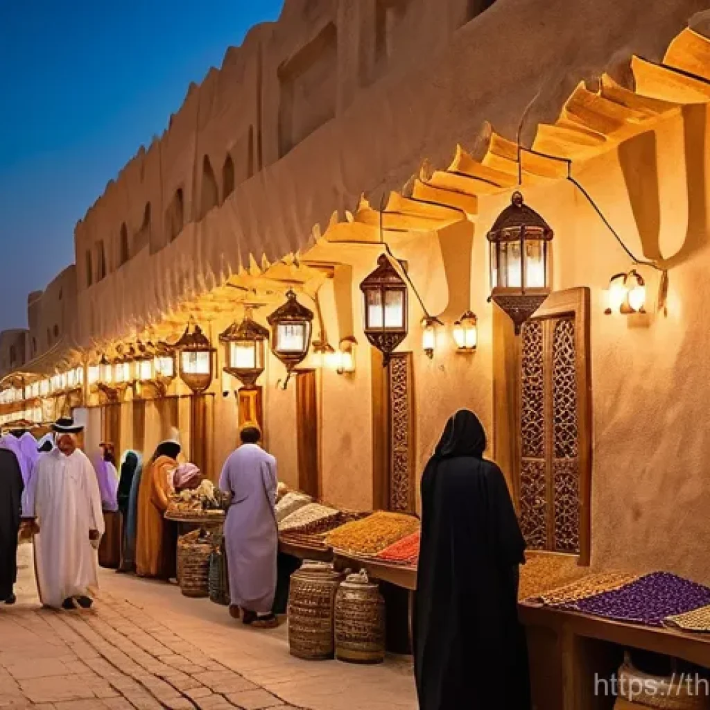 카타르 전통 시장 수크 와키프 - **A bustling evening scene in Souq Waqif, Doha.** The image captures the vibrant atmosphere of the t...