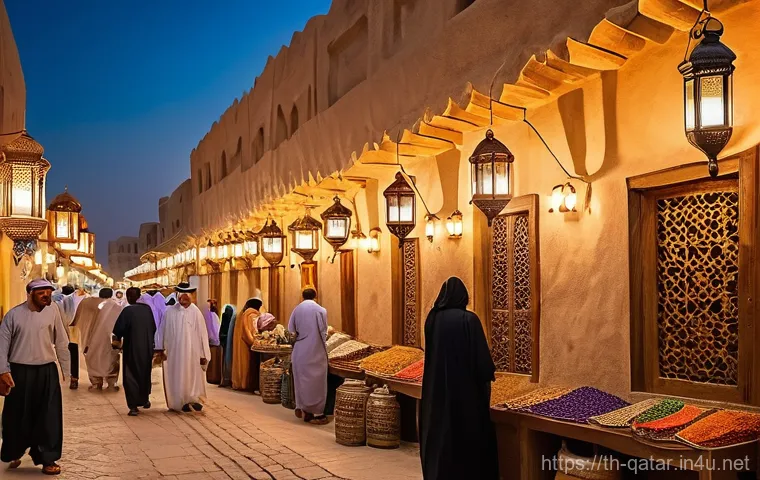 카타르 전통 시장 수크 와키프 - **A bustling evening scene in Souq Waqif, Doha.** The image captures the vibrant atmosphere of the t...