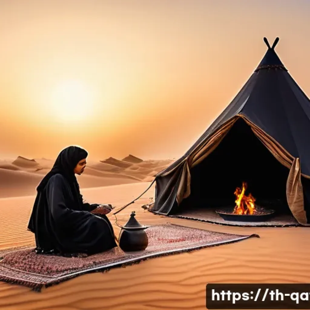 카타르의 베두인 문화 - **Prompt:** "A serene morning scene in the vast Qatari desert. A traditional black Bedouin tent, mad...