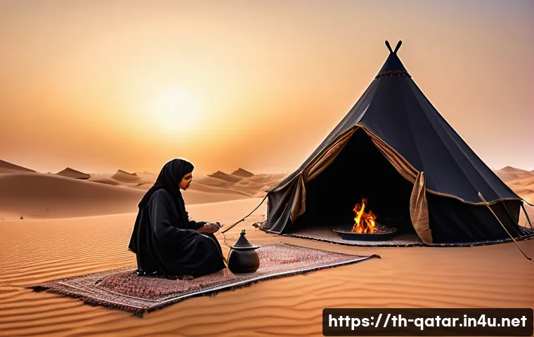 카타르의 베두인 문화 - **Prompt:** "A serene morning scene in the vast Qatari desert. A traditional black Bedouin tent, mad...