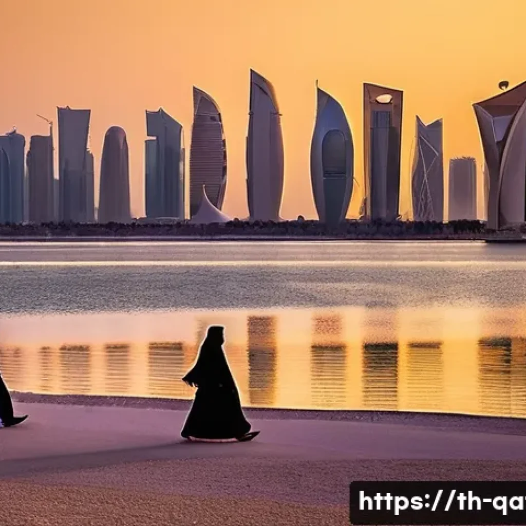 카타르 민족성과 사회 - **Prompt:** "A majestic panoramic view of Doha's futuristic skyline at golden hour. The iconic Museu...