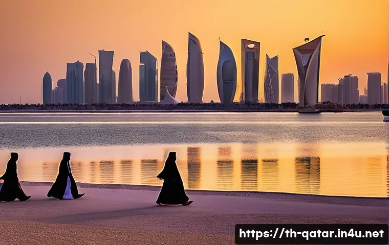 카타르 민족성과 사회 - **Prompt:** "A majestic panoramic view of Doha's futuristic skyline at golden hour. The iconic Museu...