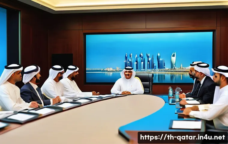 카타르 내 반정부 운동 - **A Global Diplomatic Hub:** A sophisticated, bright, and modern conference room in Doha, Qatar, whe...