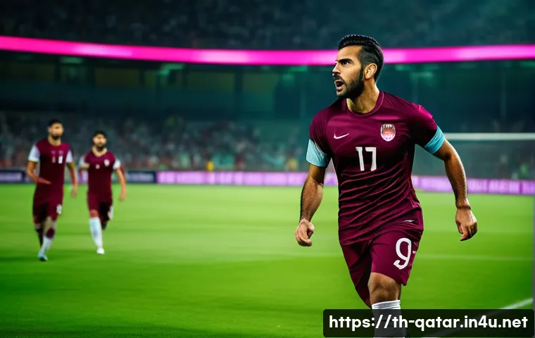 카타르 축구 국가대표팀 주장 - A dynamic scene of a professional football captain leading his team on the field during an intense m...