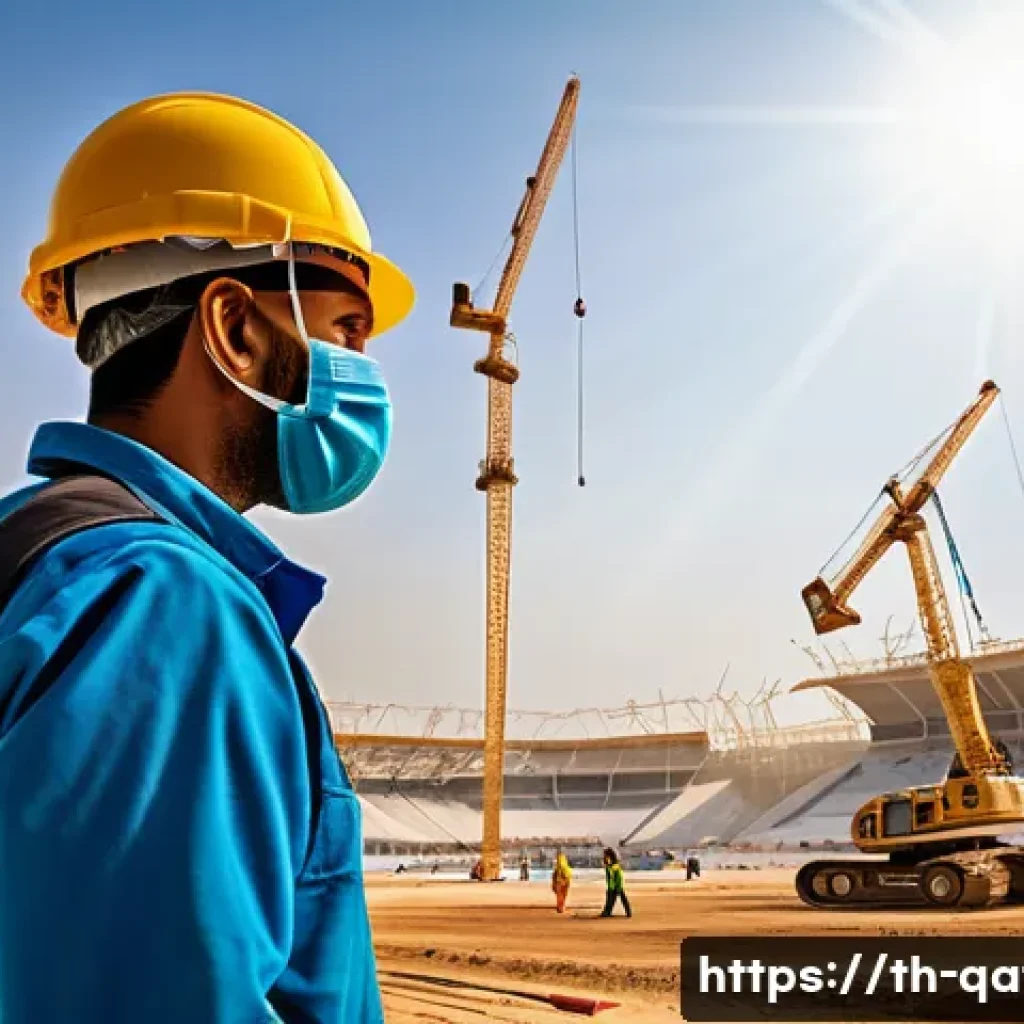 카타르 월드컵 논란 - A detailed scene depicting foreign construction workers in Qatar during the World Cup preparations, ...