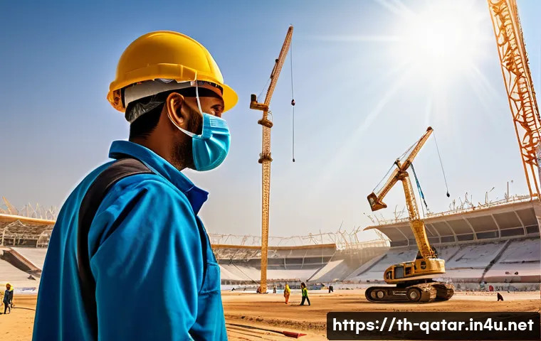 카타르 월드컵 논란 - A detailed scene depicting foreign construction workers in Qatar during the World Cup preparations, ...