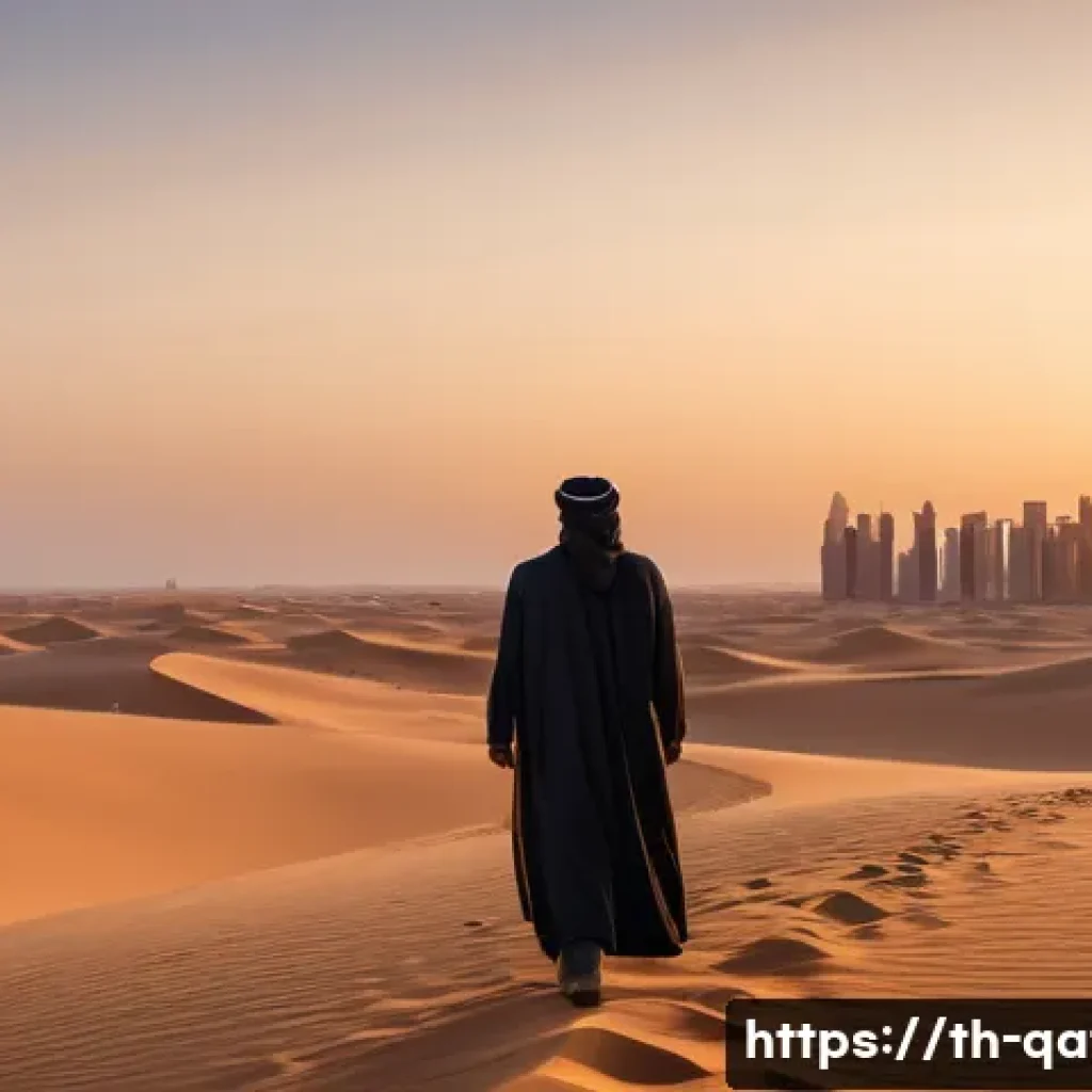 카타르 출신 영화 감독 - A cinematic scene depicting a Qatari film director on location in a vast desert landscape during gol...