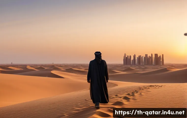 카타르 출신 영화 감독 - A cinematic scene depicting a Qatari film director on location in a vast desert landscape during gol...