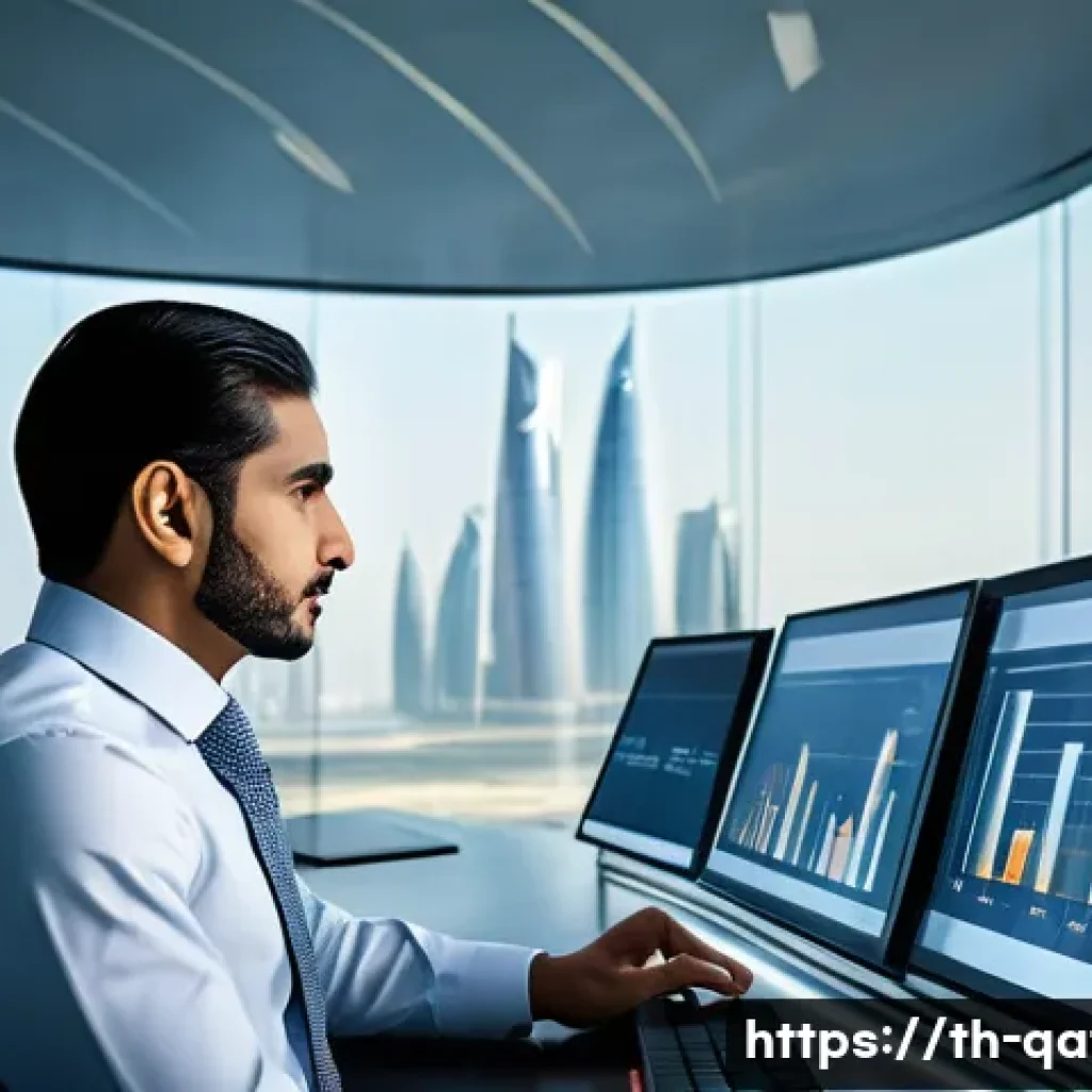 카타르 내 영향력 있는 기업가 - A modern Qatari business leader in a sleek office environment, analyzing futuristic charts and data ...