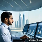 Home 22 카타르 내 영향력 있는 기업가 - A modern Qatari business leader in a sleek office environment, analyzing futuristic charts and data ...