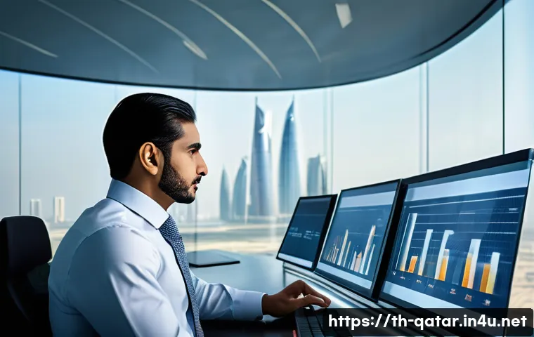 카타르 내 영향력 있는 기업가 - A modern Qatari business leader in a sleek office environment, analyzing futuristic charts and data ...