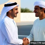 Home 21 카타르 문화적 금기 - A respectful greeting scene in Qatar showing a middle-aged Qatari man wearing a traditional white th...