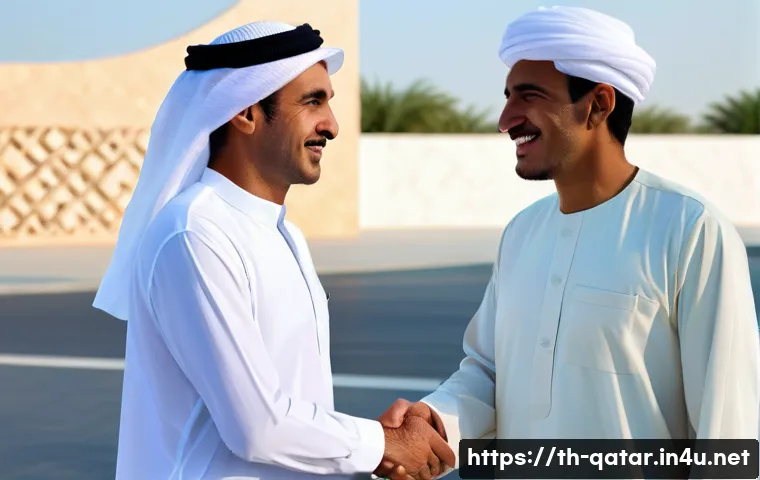 카타르 문화적 금기 - A respectful greeting scene in Qatar showing a middle-aged Qatari man wearing a traditional white th...