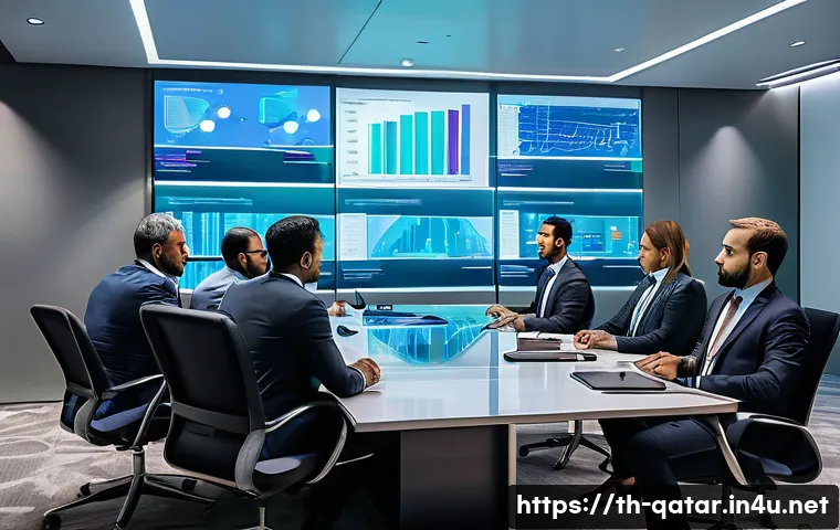 카타르 주요 기업 스캔들 - A modern corporate office in Doha, Qatar, featuring a diverse group of professional business executi...