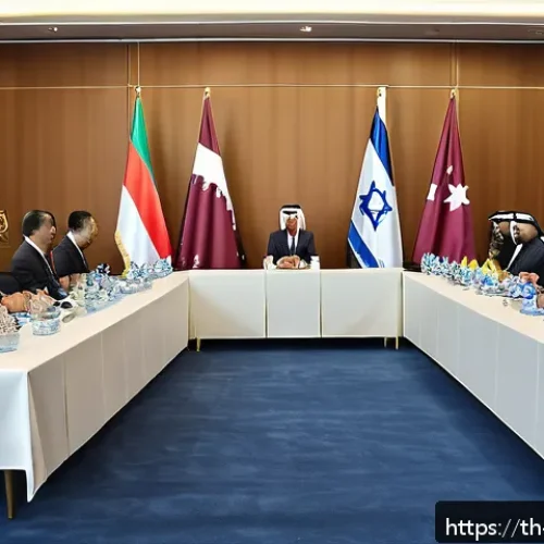 Home 31 카타르와 이스라엘의 관계 - A detailed diplomatic meeting scene between Qatari and Israeli officials in a modern conference room...