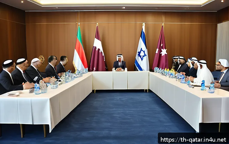 카타르와 이스라엘의 관계 - A detailed diplomatic meeting scene between Qatari and Israeli officials in a modern conference room...