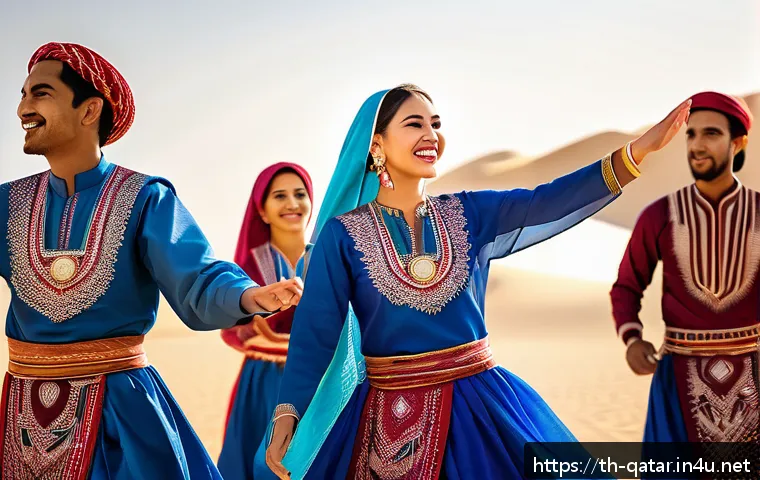카타르 전통 춤 - A vibrant scene of traditional Qatari folk dancers performing at a cultural festival in Doha, wearin...