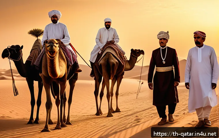 카타르 독립 과정 - A detailed historical scene depicting traditional Qatari tribal leaders in the 19th century, dressed...