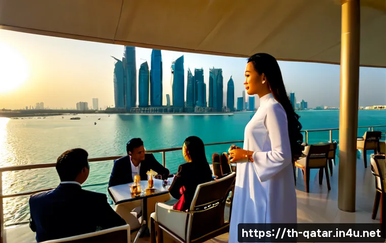Home 17 카타르의 높은 1인당 GDP - Photorealistic wide-angle view of Doha’s modern waterfront at golden hour, elegant glass skyscrapers...