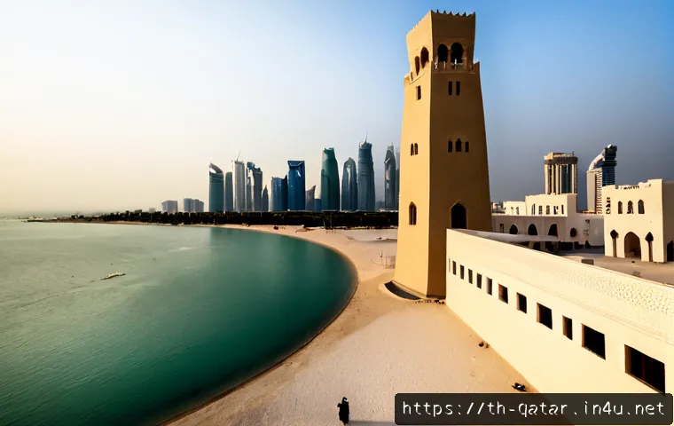 Home 30 카타르의 주요 건축물 발전사 - Photorealistic wide-angle view of Doha’s architectural evolution at golden hour, traditional Qatari ...