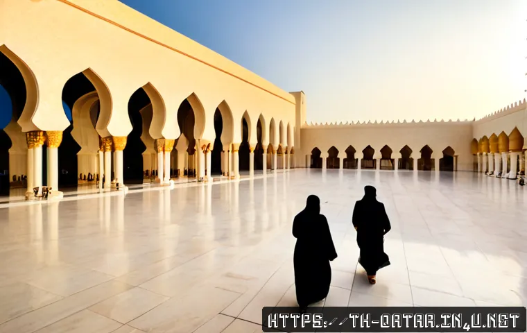 Home 17 카타르의 종교적 구성 - Photorealistic wide-angle view of a grand mosque in Doha at golden hour, elegant Islamic arches and ...